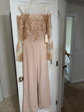 Embroidered Off-Shoulder Lace Jumpsuit in Blush